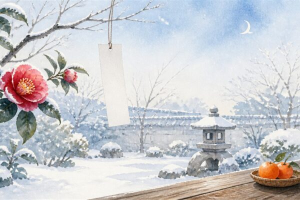 雪の降る日本庭園に咲く山茶花と石灯籠、縁側の蜜柑と白紙の短冊のイラスト（冬の季語のイメージ）