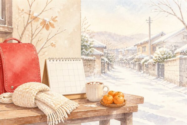 雪の積もった住宅街を背に、ランドセルとマフラー、白紙のカレンダーが置かれた冬休みのイメージイラスト