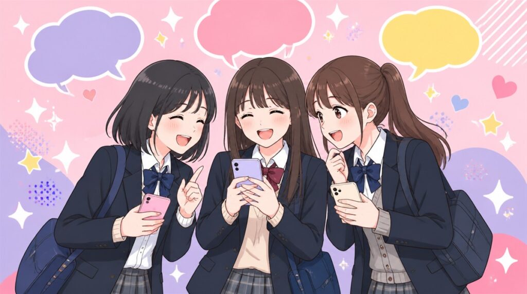 スマートフォンを見ながら会話する女子高生のイラスト
