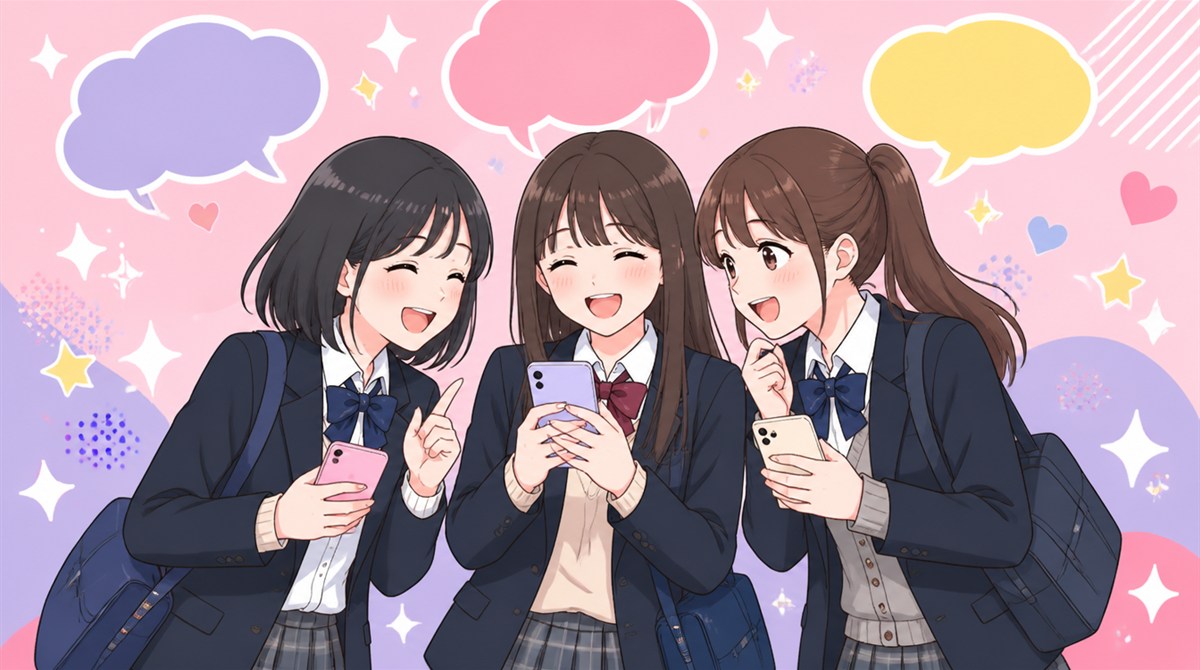 スマートフォンを見ながら会話する女子高生のイラスト