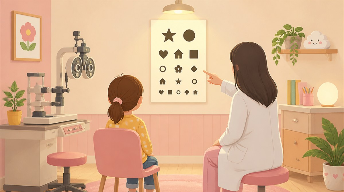 眼科の診察室で視力検査の図形を見る子どもと医師のイラスト（ののかちゃんの斜視の噂と受診の目安のイメージ）