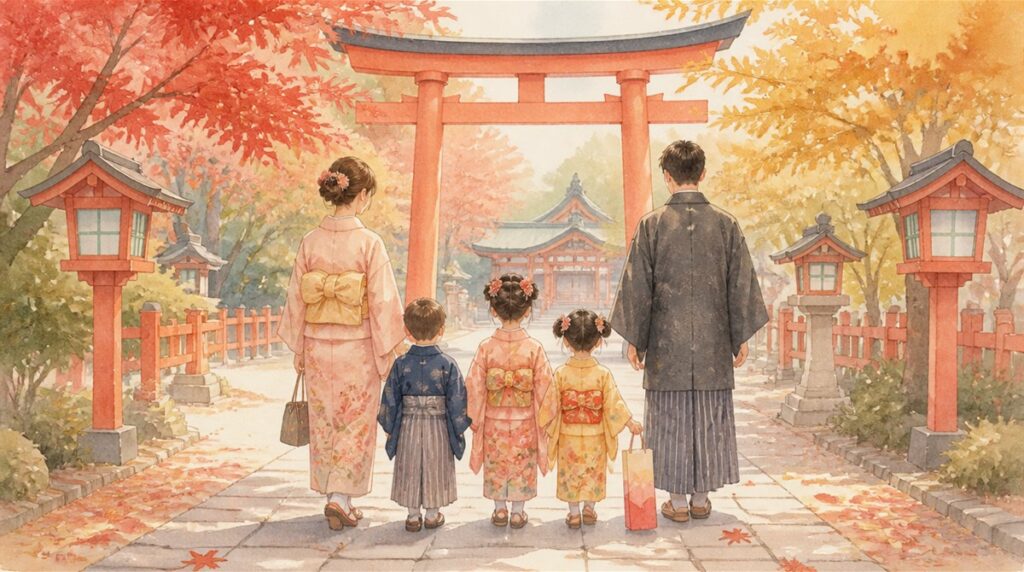 紅葉の神社の参道を鳥居に向かって歩く、着物姿の子ども3人と両親の後ろ姿のイラスト（七五三のお参りのイメージ）