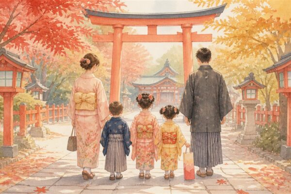 紅葉の神社の参道を鳥居に向かって歩く、着物姿の子ども3人と両親の後ろ姿のイラスト（七五三のお参りのイメージ）
