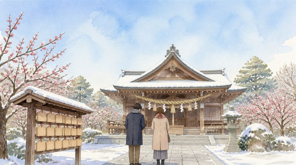 雪の残る神社の拝殿で手を合わせる男女の後ろ姿と、紅梅と白い絵馬掛けのイラスト（厄年の厄払いのイメージ）