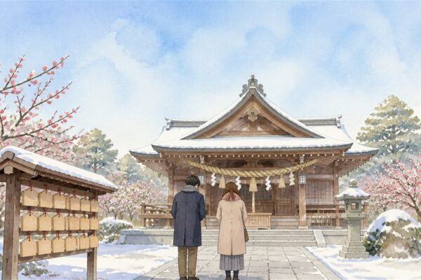 雪の残る神社の拝殿で手を合わせる男女の後ろ姿と、紅梅と白い絵馬掛けのイラスト（厄年の厄払いのイメージ）