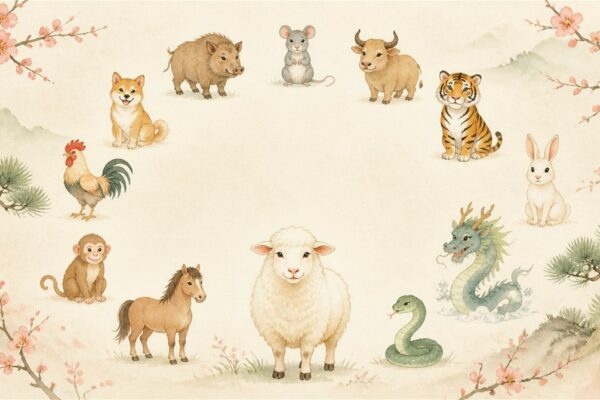 十二支の動物（ねずみ・うし・とら・うさぎ・たつ・へび・うま・ひつじ・さる・にわとり・いぬ・いのしし）を円く並べ、梅と松を添えた水彩イラスト（干支のイメージ）
