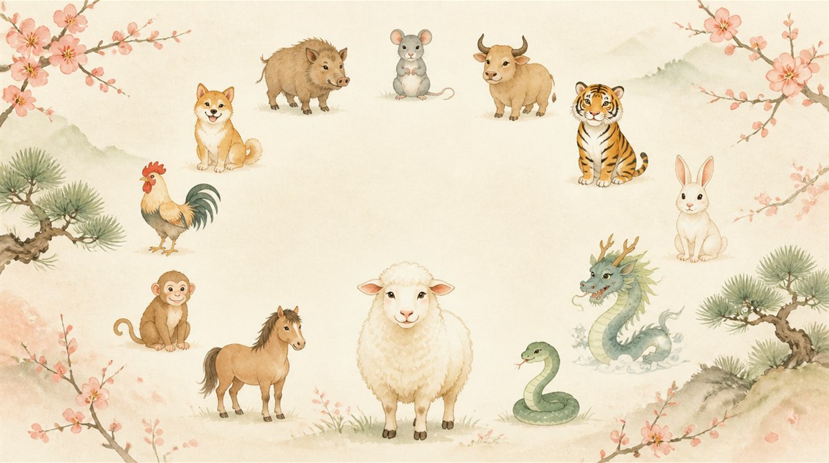 十二支の動物（ねずみ・うし・とら・うさぎ・たつ・へび・うま・ひつじ・さる・にわとり・いぬ・いのしし）を円く並べ、梅と松を添えた水彩イラスト（干支のイメージ）