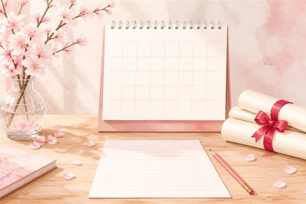 桜の枝と白紙のカレンダー、リボンで結んだ卒業証書を机に並べた水彩イラスト（学歴早見表のイメージ）