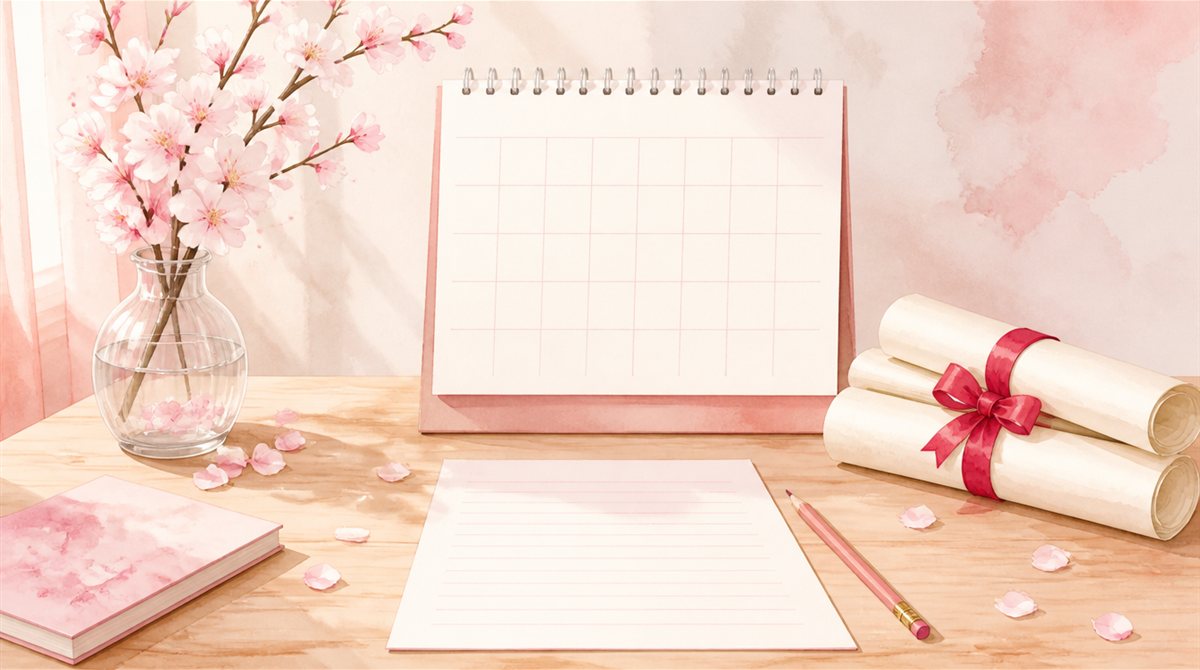 桜の枝と白紙のカレンダー、リボンで結んだ卒業証書を机に並べた水彩イラスト（学歴早見表のイメージ）