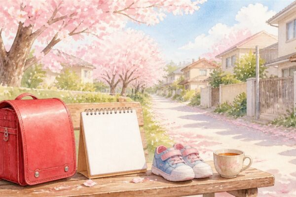 桜並木の住宅街を背に、ランドセルと白紙の卓上カレンダー、子どもの靴が置かれた春休みのイメージイラスト
