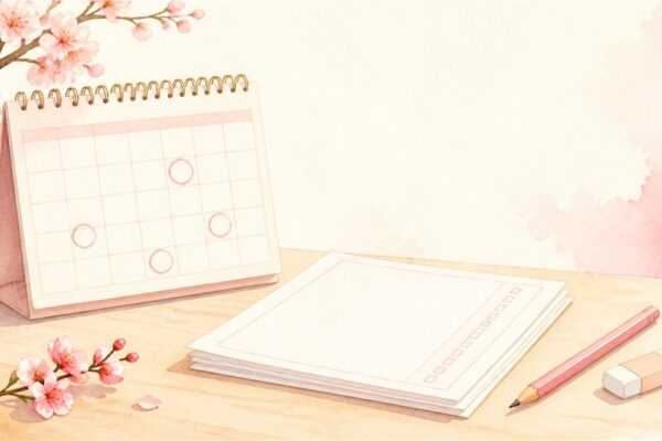 桜の枝と印のついたカレンダー、答案用紙と鉛筆のイラスト（高校入試の日程と合格発表日）