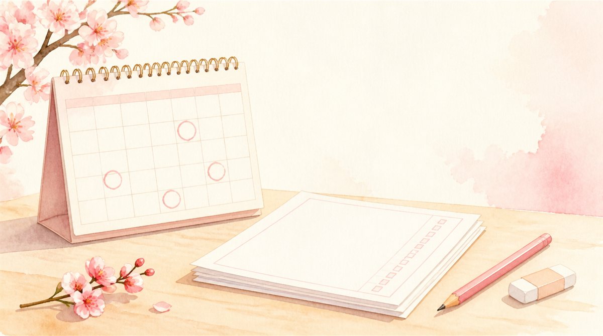 桜の枝と印のついたカレンダー、答案用紙と鉛筆のイラスト（高校入試の日程と合格発表日）
