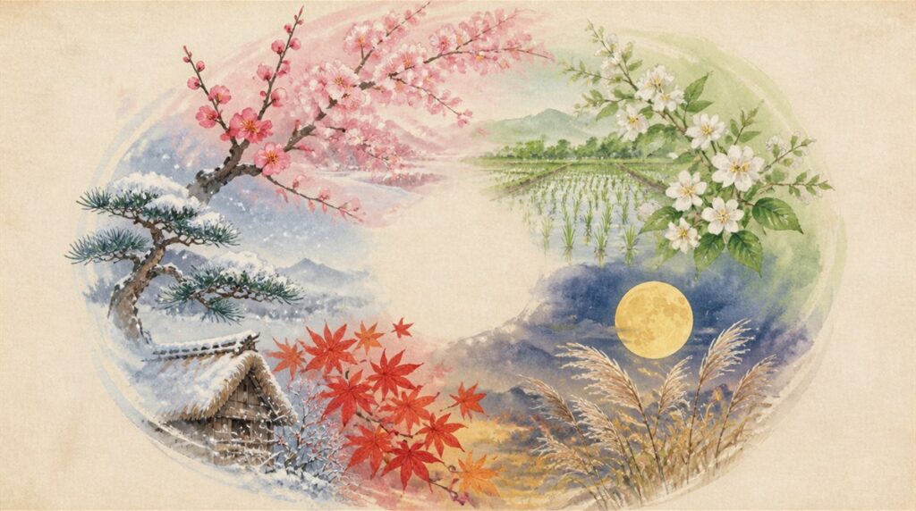 梅と桜、田植えの田と卯の花、十五夜の月とすすき、紅葉と雪の松を円く並べた四季の水彩イラスト（和風月名のイメージ）