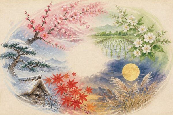 梅と桜、田植えの田と卯の花、十五夜の月とすすき、紅葉と雪の松を円く並べた四季の水彩イラスト（和風月名のイメージ）