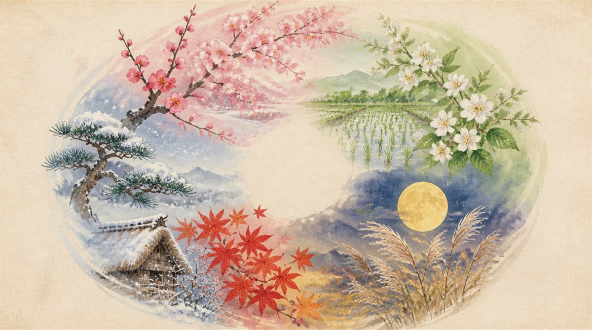 梅と桜、田植えの田と卯の花、十五夜の月とすすき、紅葉と雪の松を円く並べた四季の水彩イラスト（和風月名のイメージ）